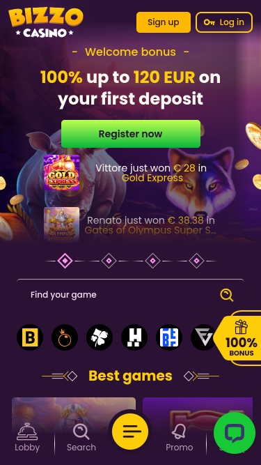 Bizzo Casino Mobile Homepage