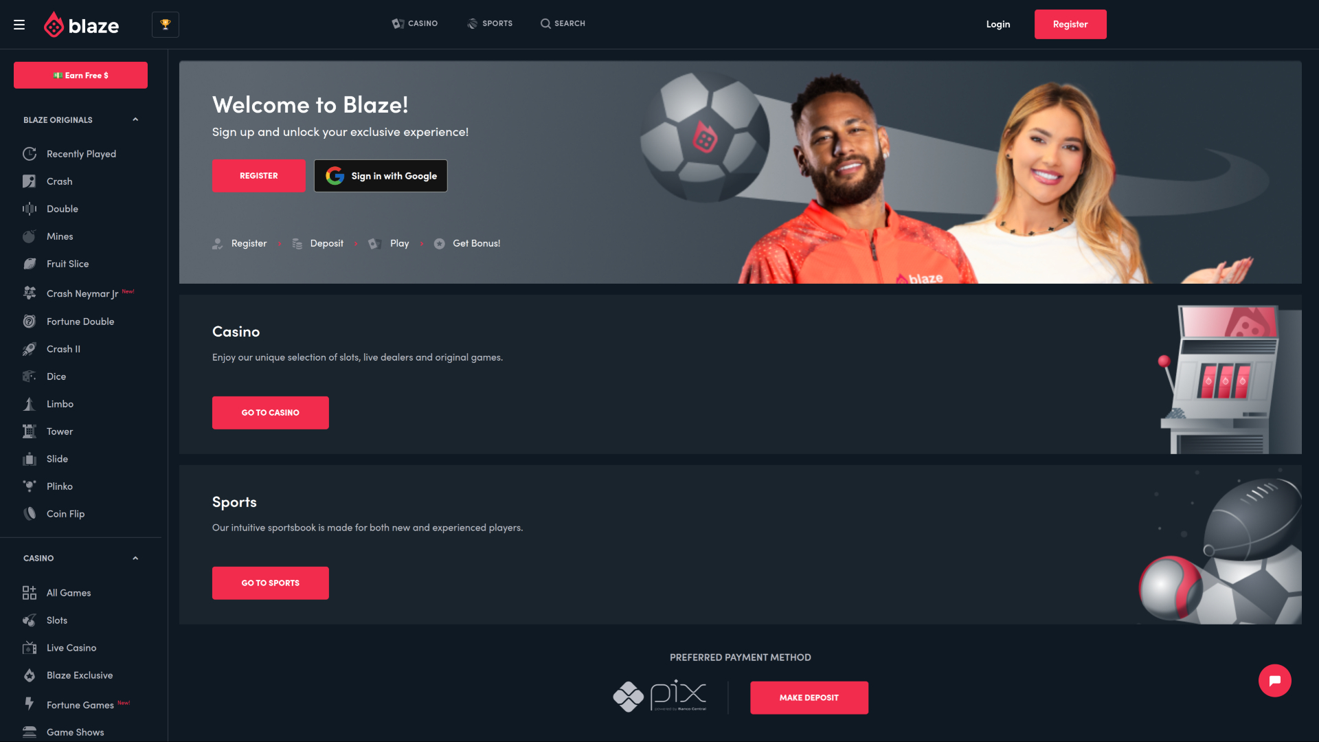 Blaze Casino Desktop Homepage