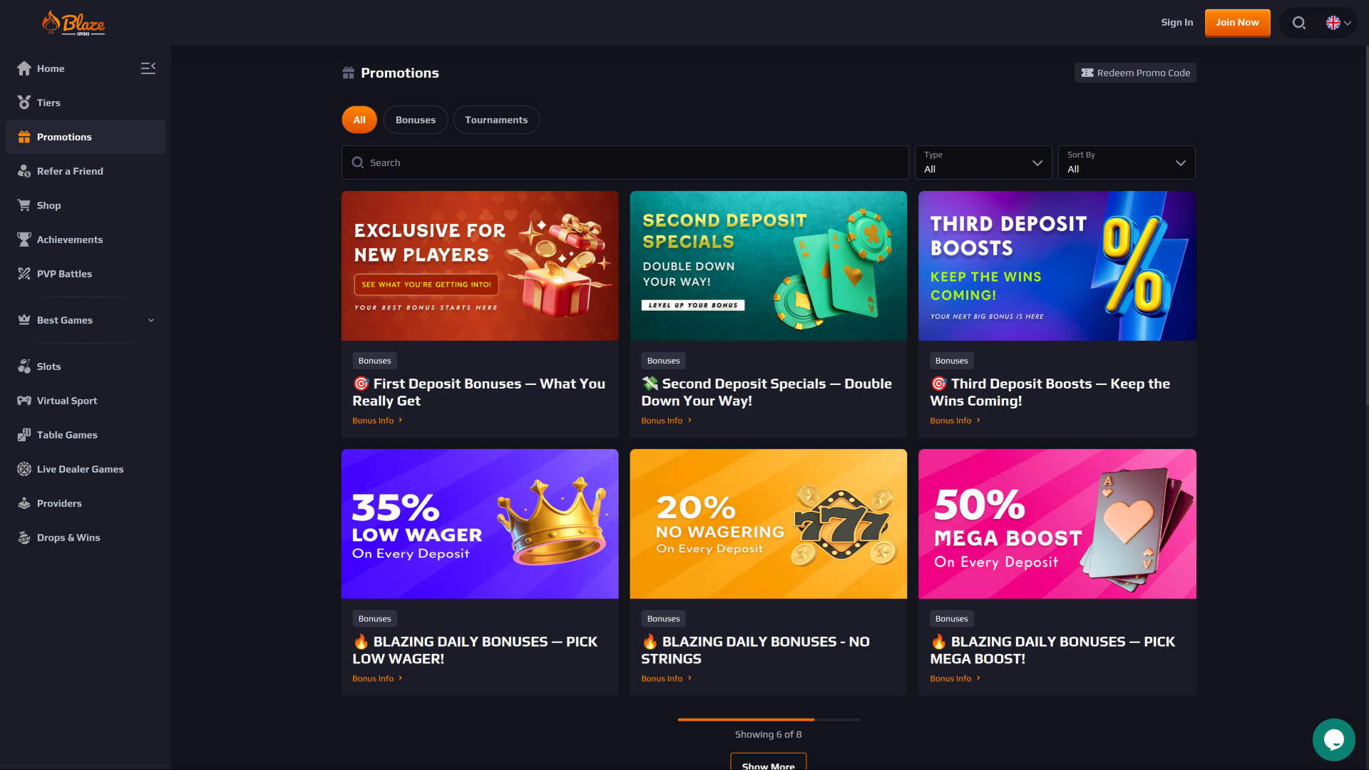 BlazeSpins Casino Desktop Promotions