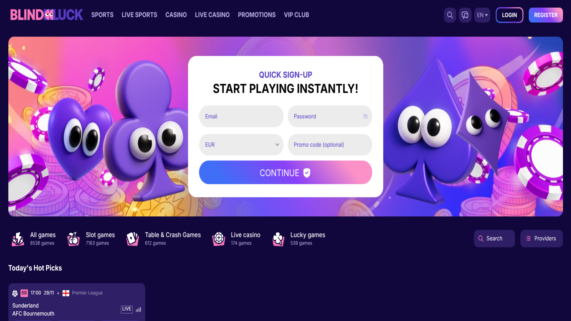 Homepage screenshot of BlindLuck Casino for Desktop