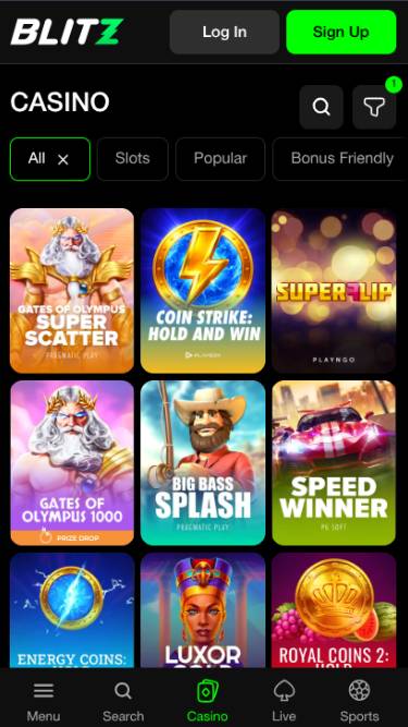 Games mobile page screenshot of Blitz Casino