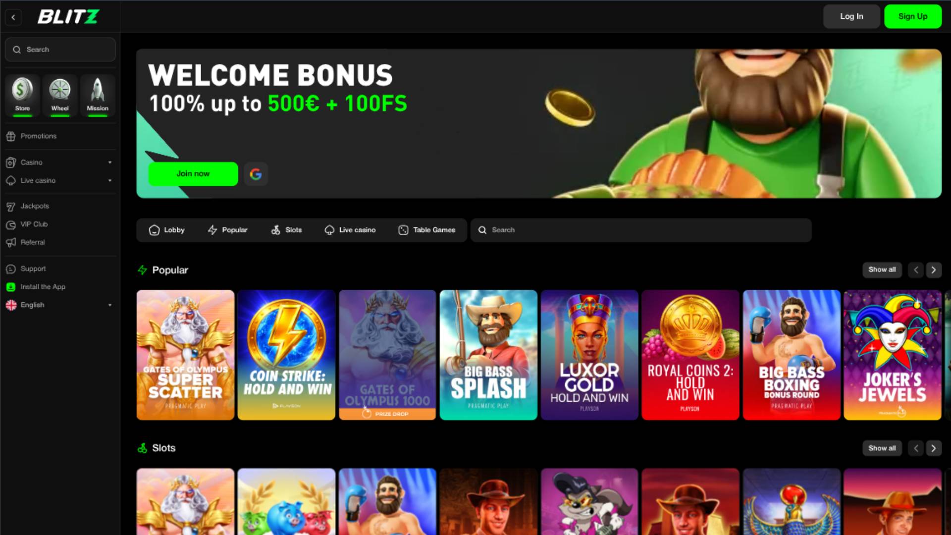 Homepage screenshot of Blitz Casino
