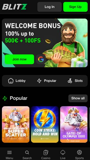 Homepage mobile screenshot of Blitz Casino