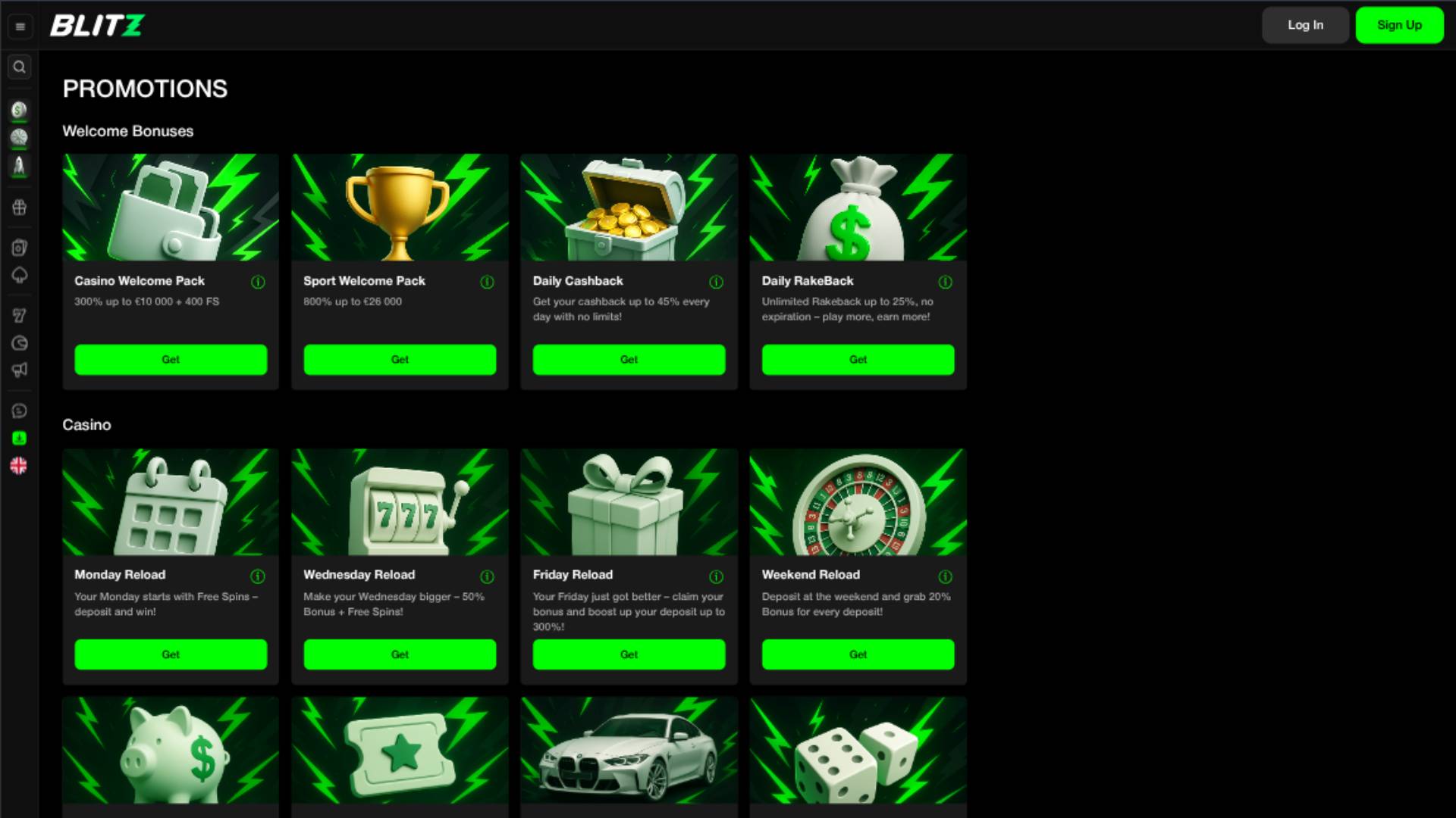 Promotions page screenshot of Blitz Casino
