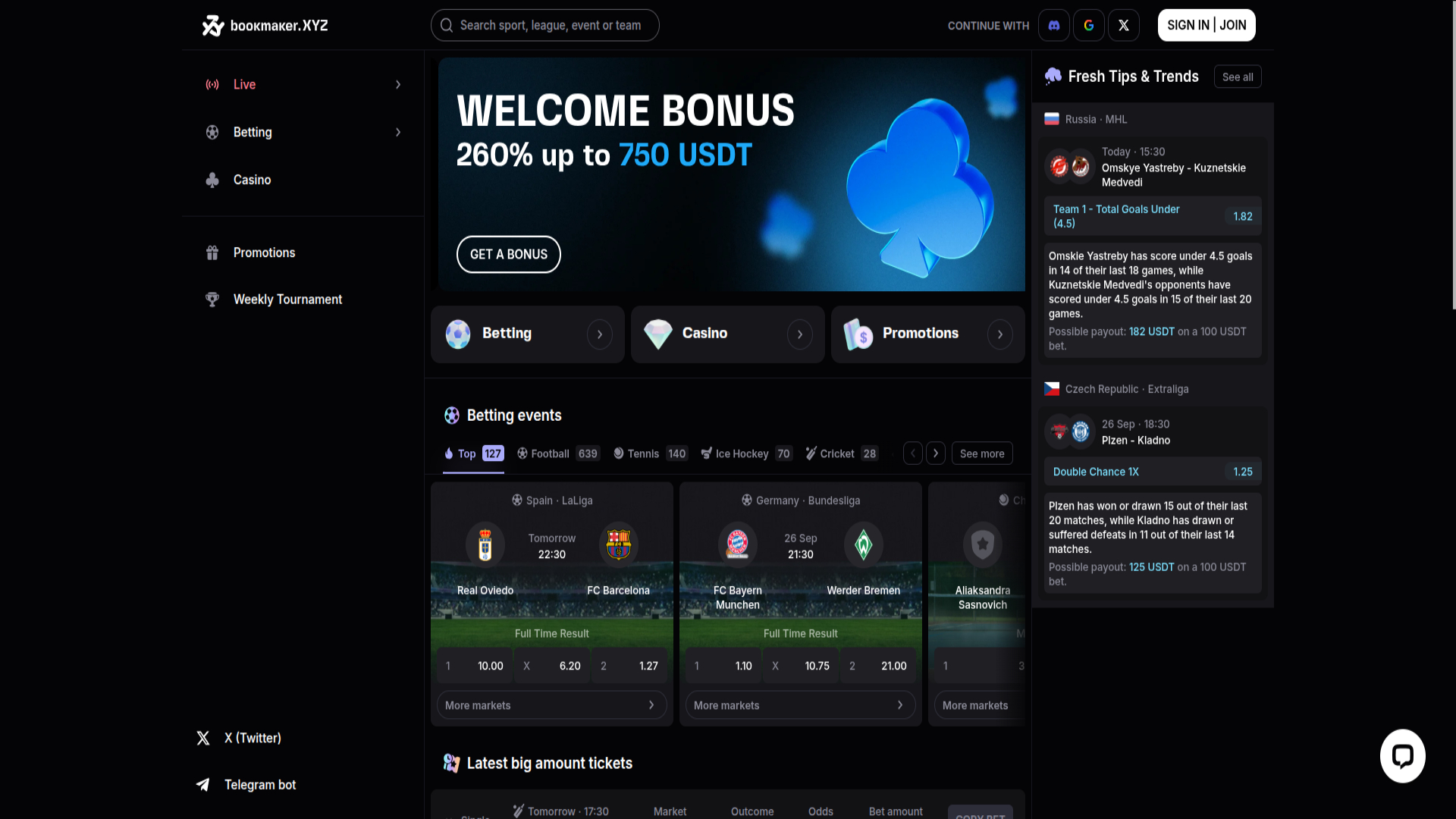 Bookmaker.XZY Casino Desktop Homepage
