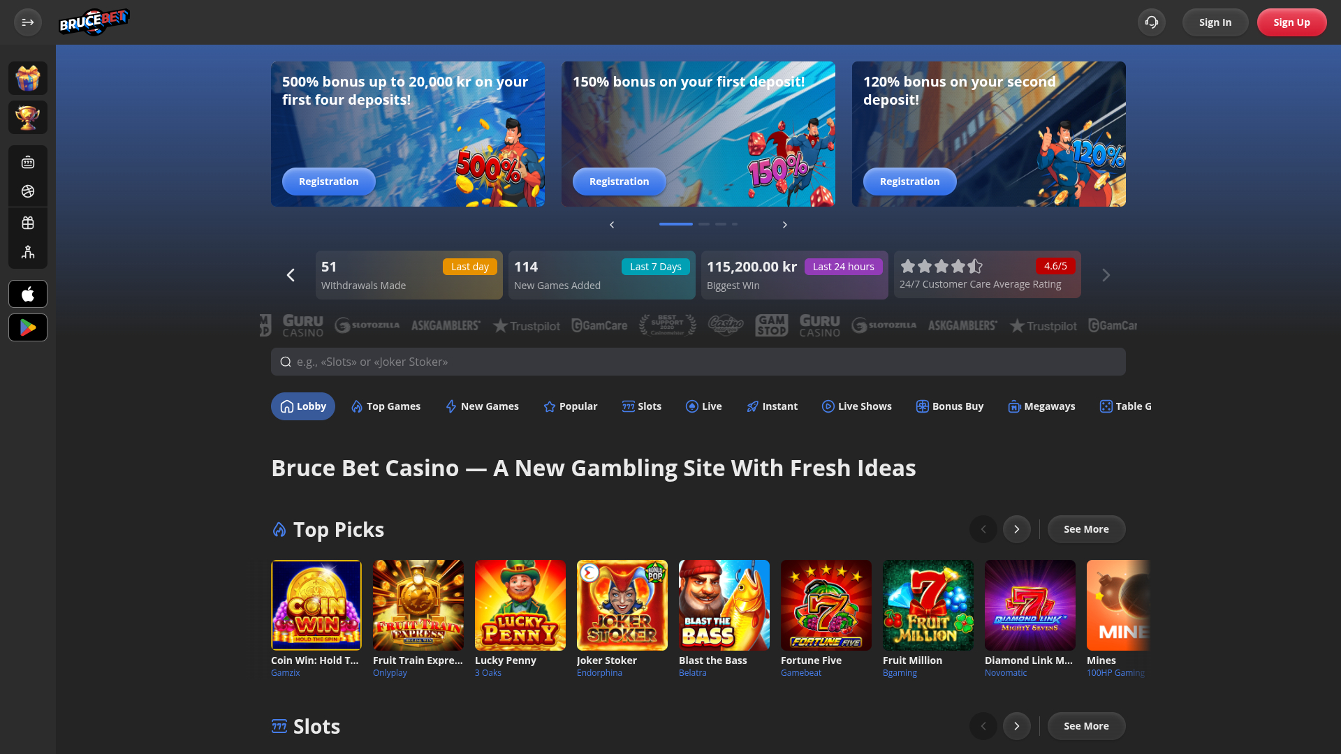 BruceBet Casino Desktop Homepage