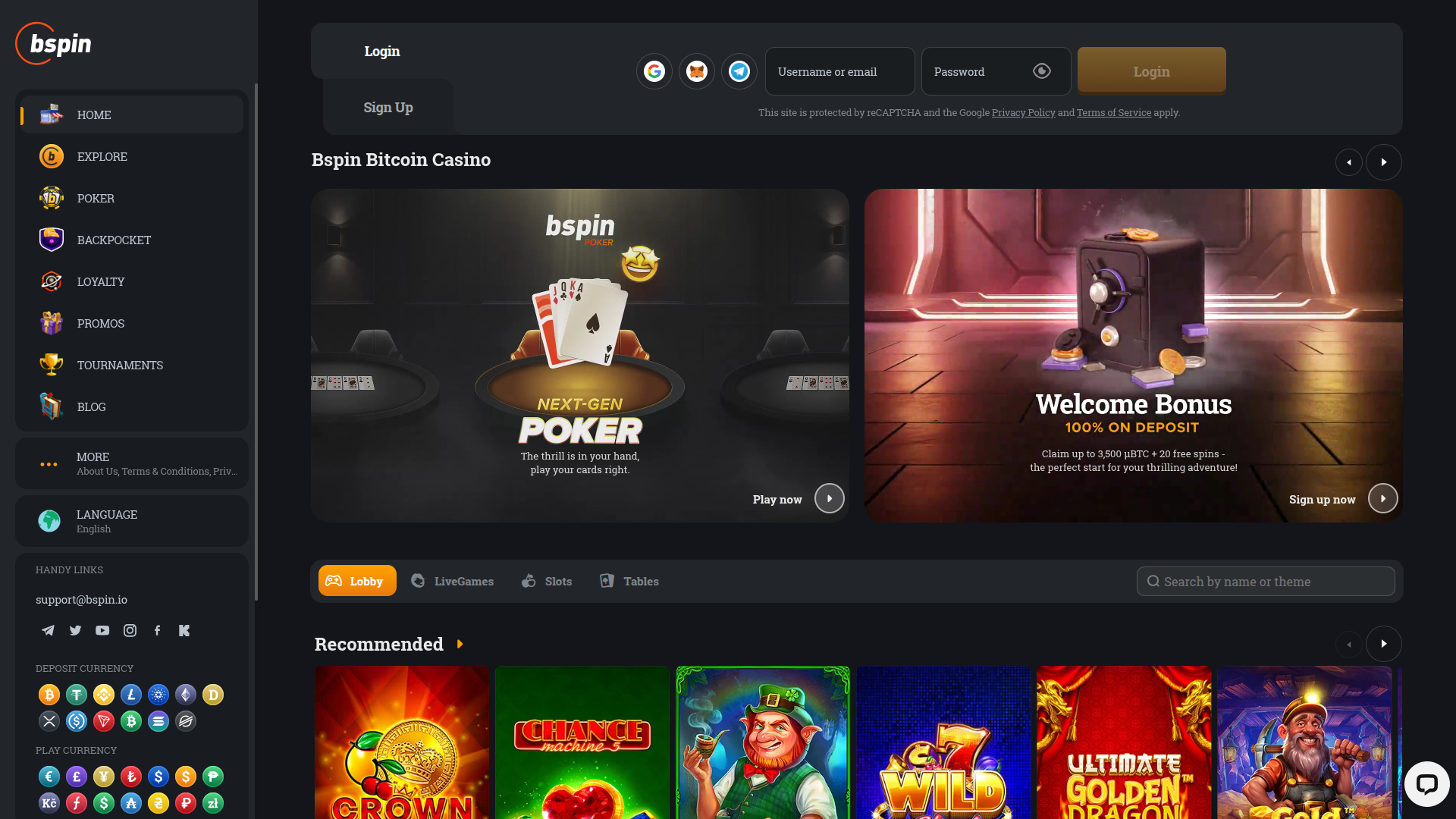 Bspin.io Casino Desktop Homepage