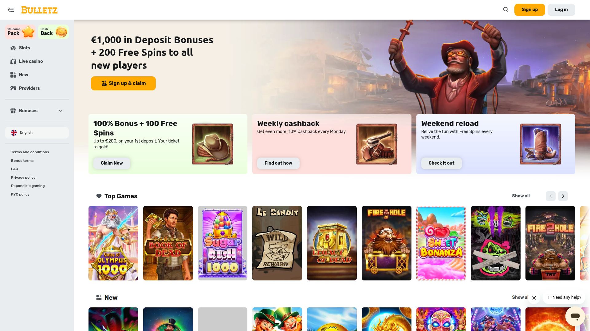Bulletz Casino Desktop Homepage