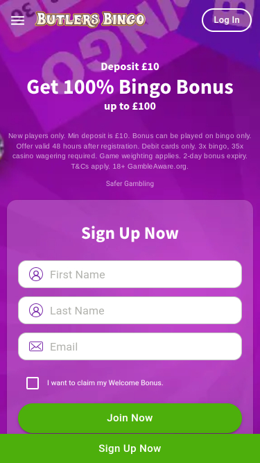 Butlers Bingo Mobile Homepage