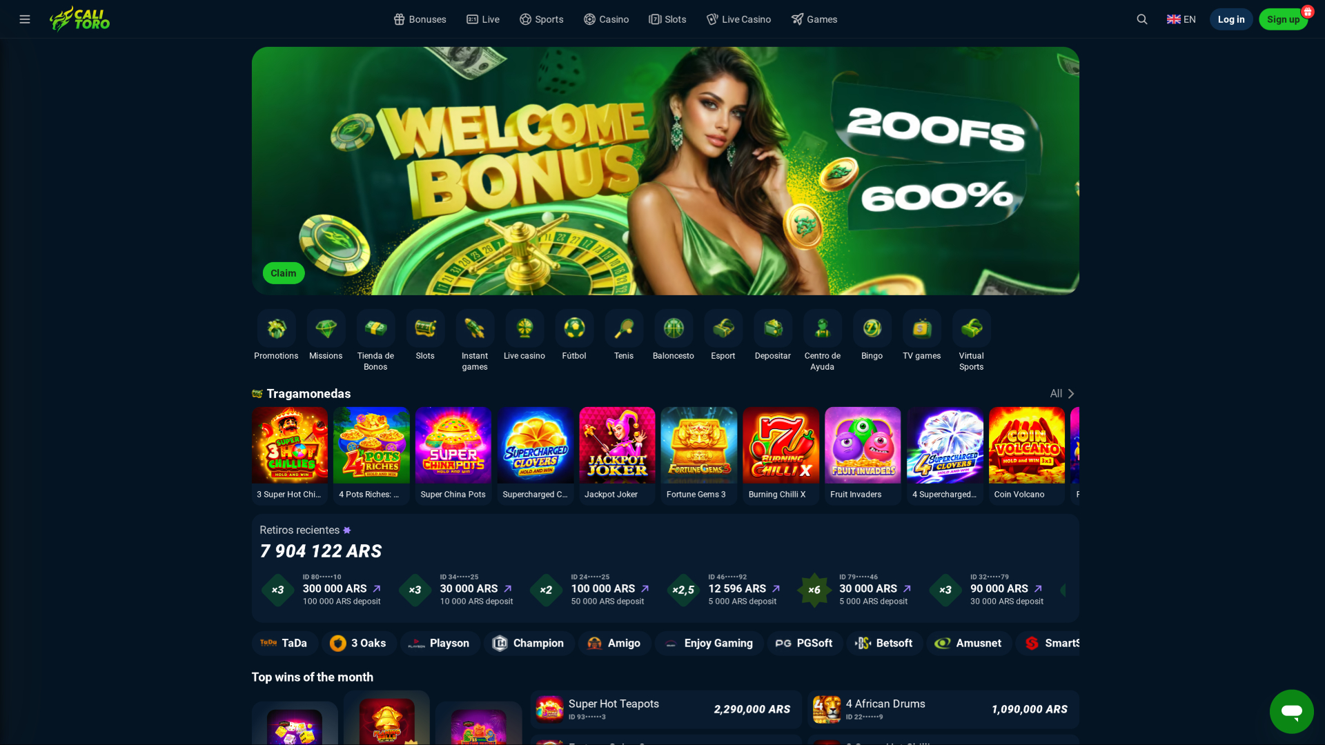 Calitoro Casino Desktop Homepage
