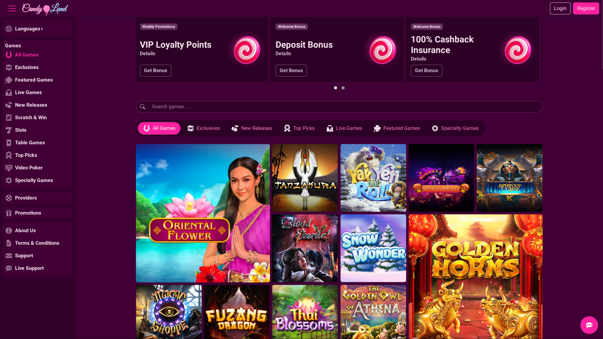 CandyLand Casino Desktop Homepage