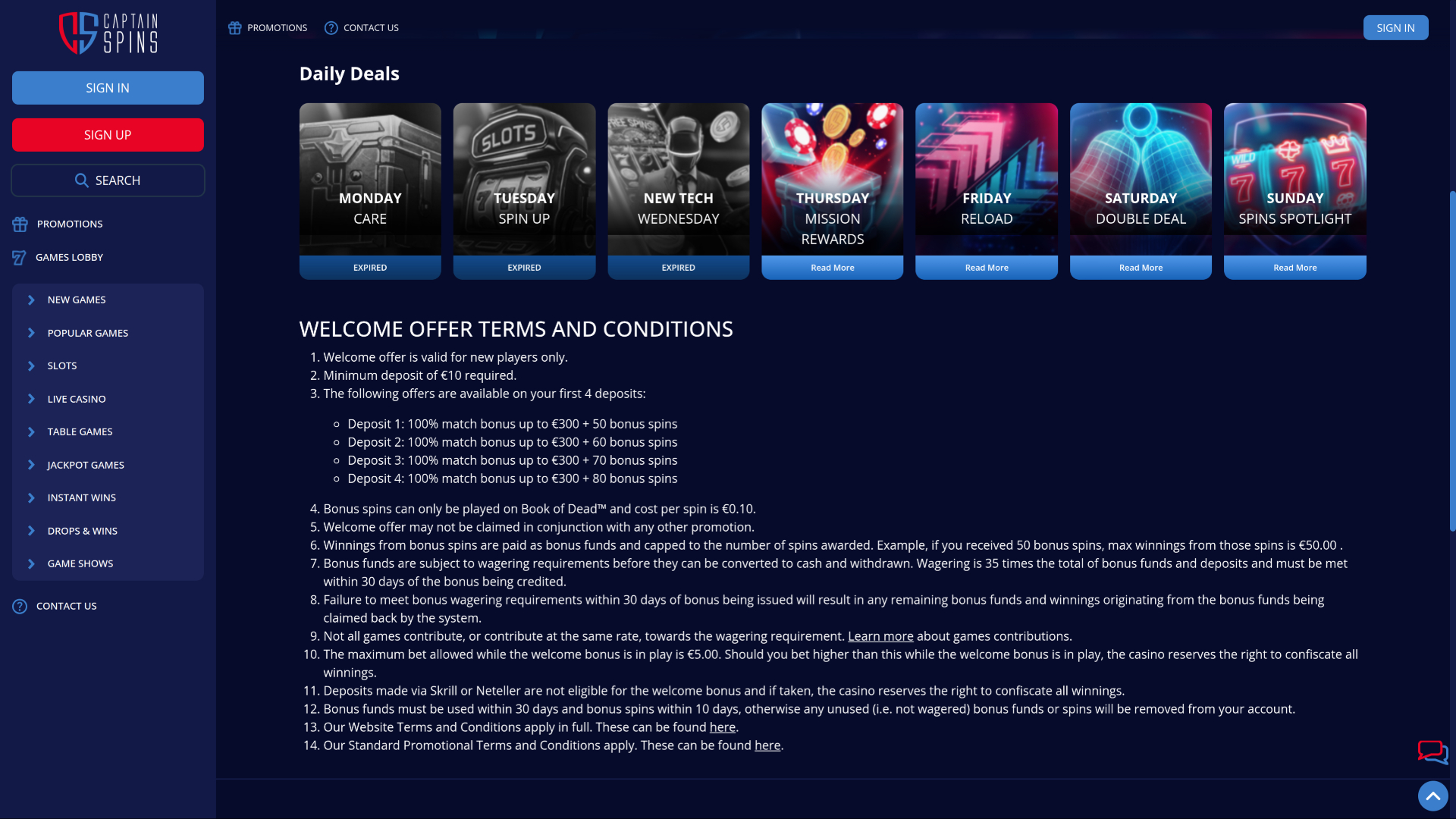Captain Spins Casino Desktop Promotions