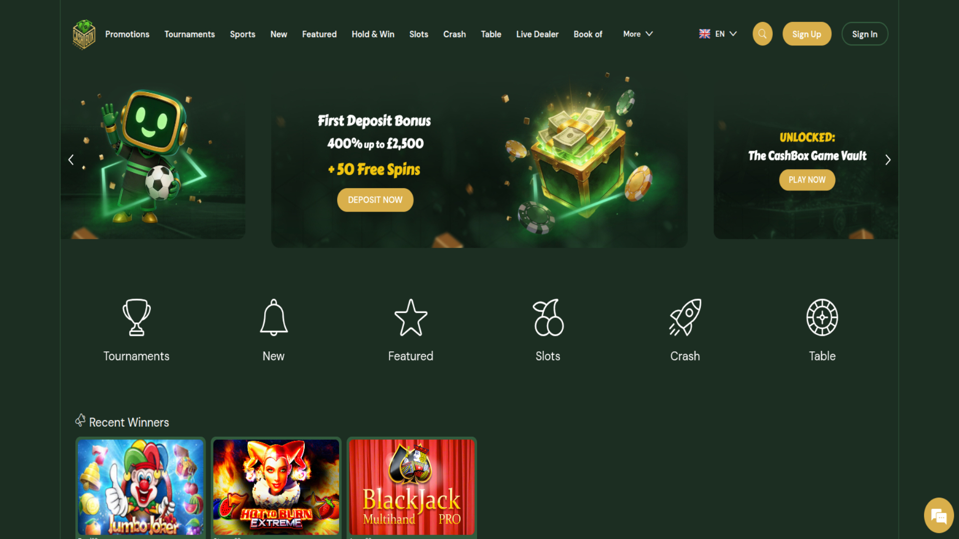 Homepage screenshot of Cashbox Casino for Desktop