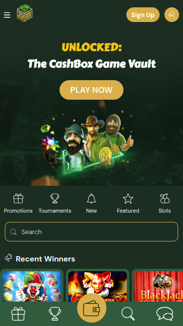 Homepage screenshot of Cashbox Casino for Mobile