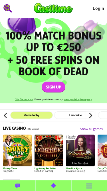 Casilime Casino Mobile Homepage
