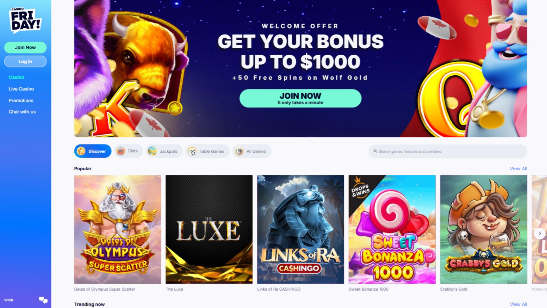 Casino Friday Desktop Homepage