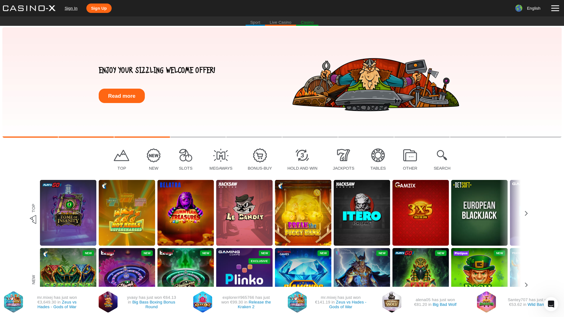 Casino X Desktop Homepage