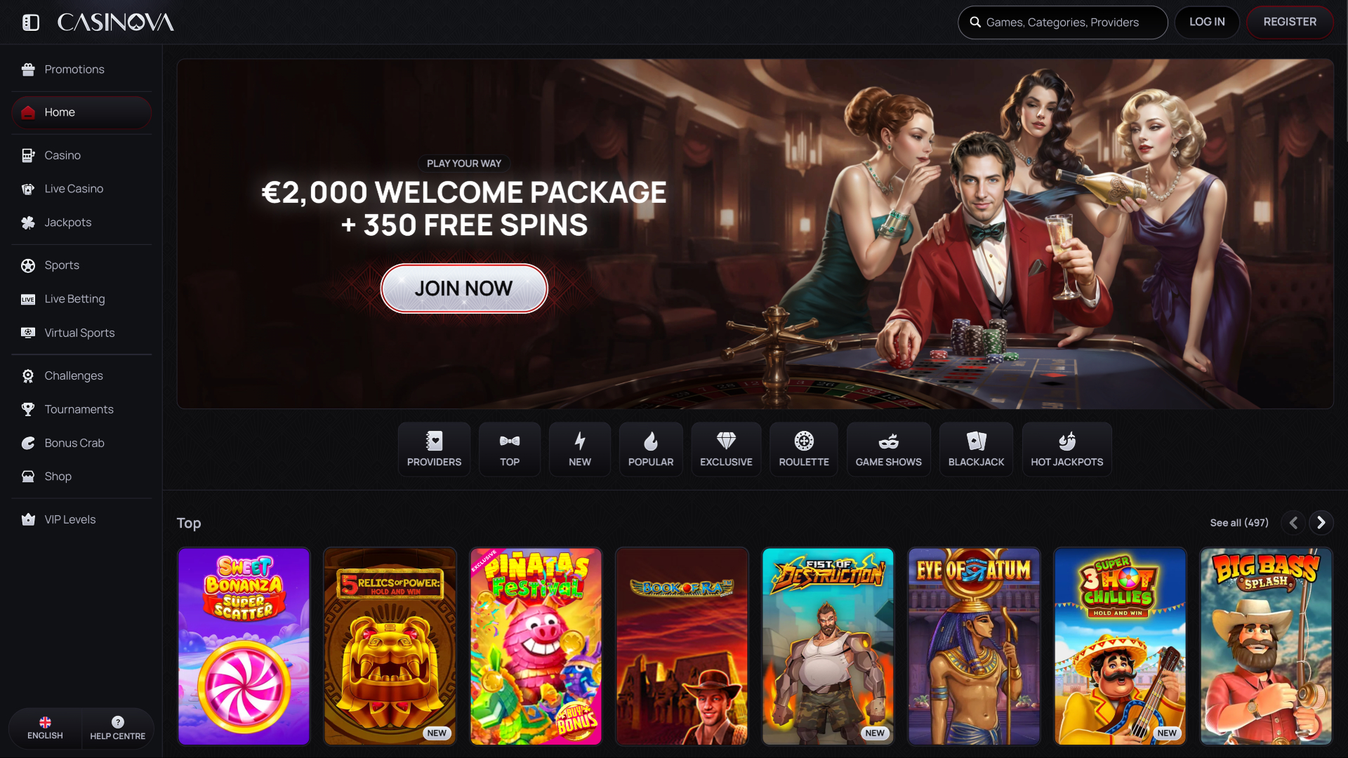 Casinova Casino Desktop Homepage