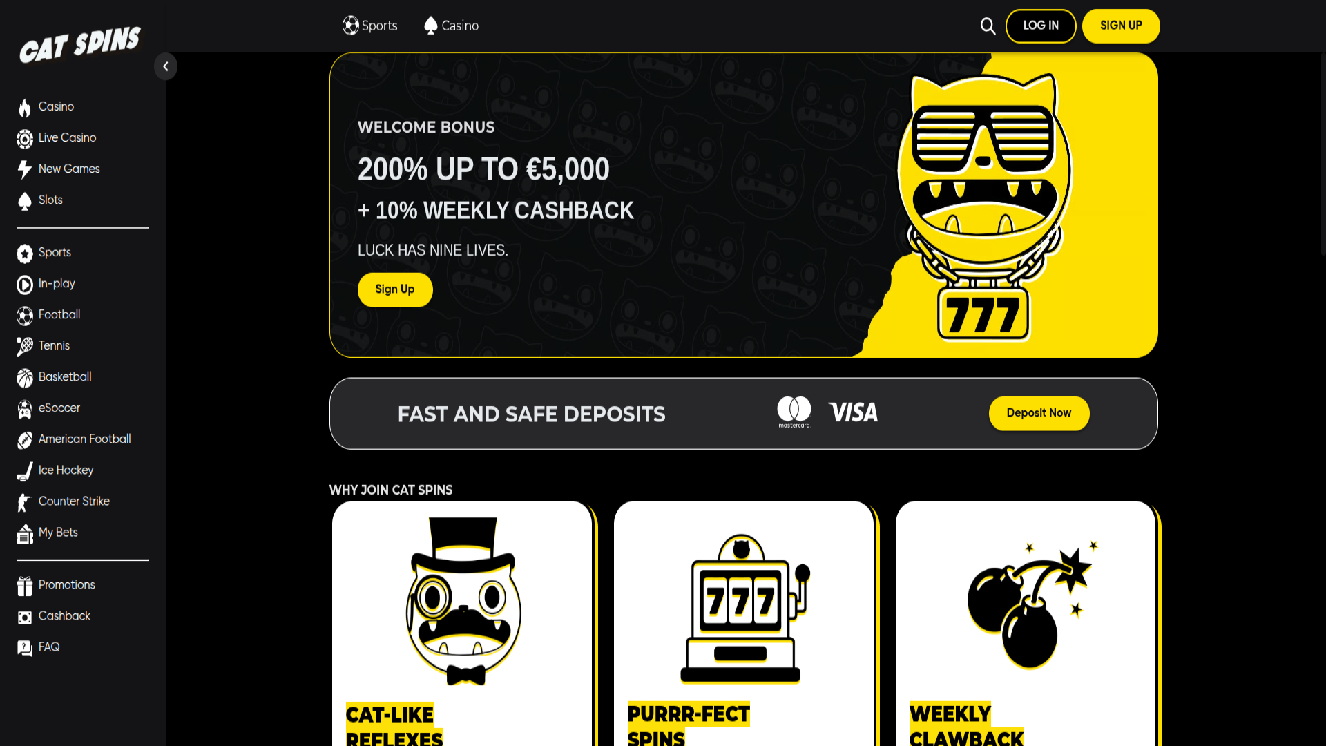 Homepage screenshot of Cat Spins Casino for Desktop