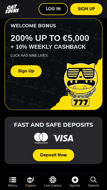 Homepage screenshot of Cat Spins Casino for Mobile