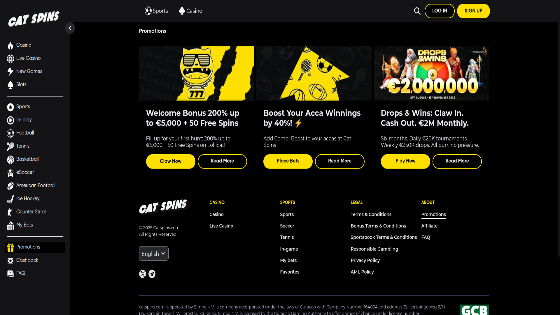 Promotions screenshot of Cat Spins Casino for Desktop