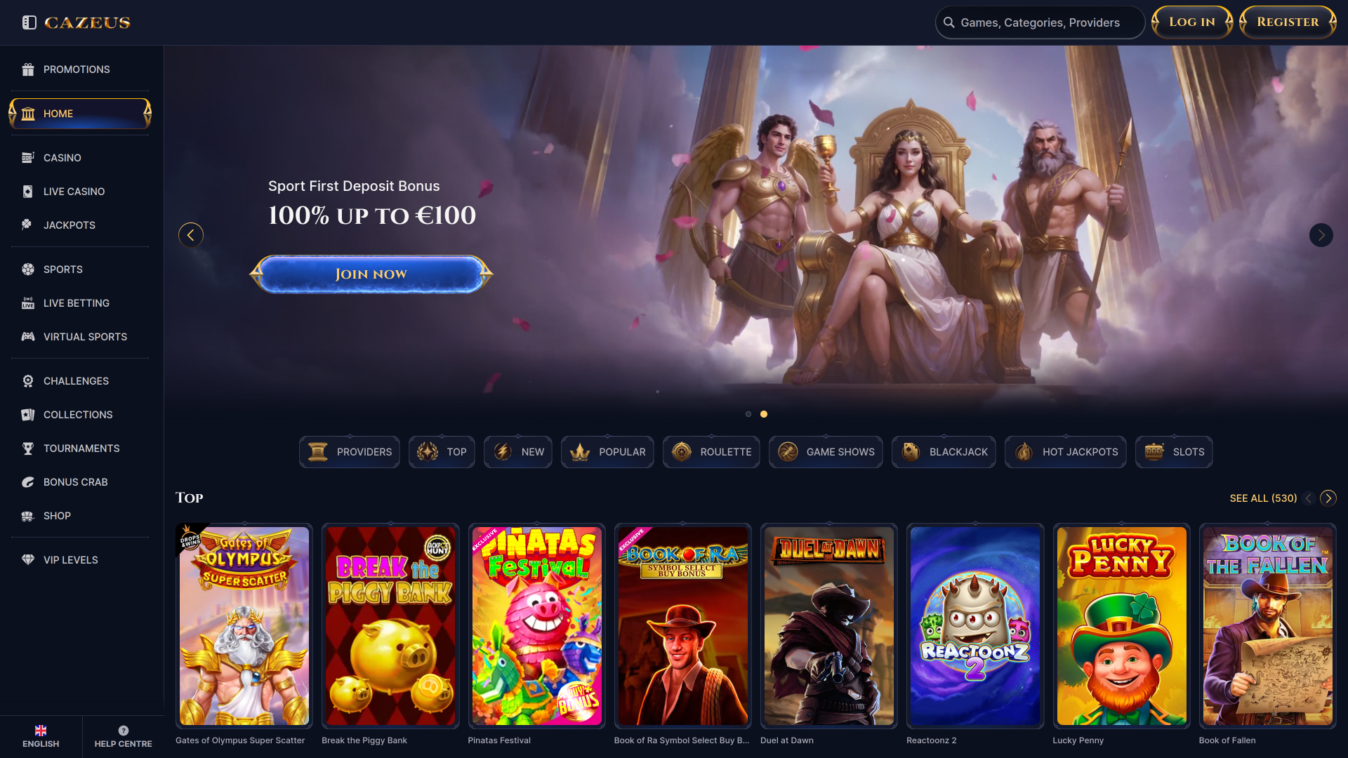 Cazeus Casino Desktop Homepage