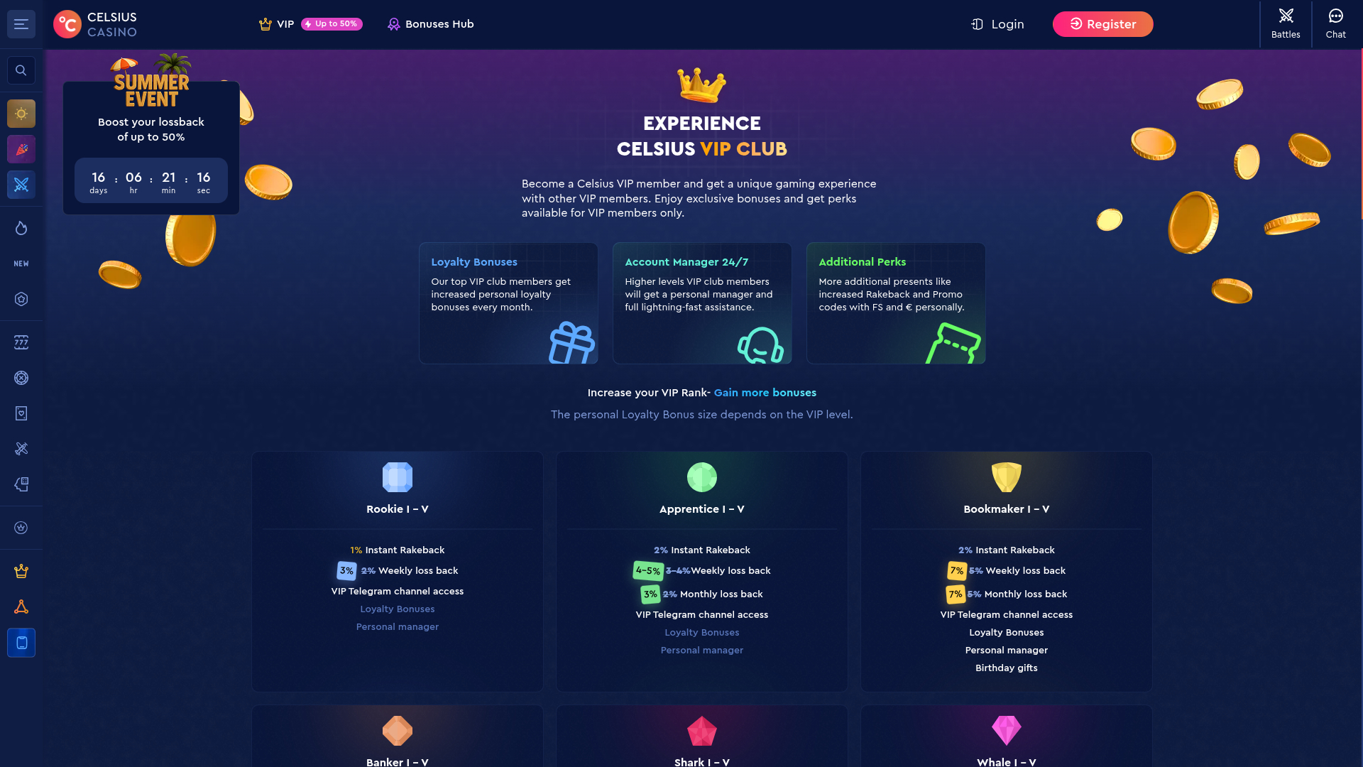 Interface VIP de Celsius Casino sur bureau