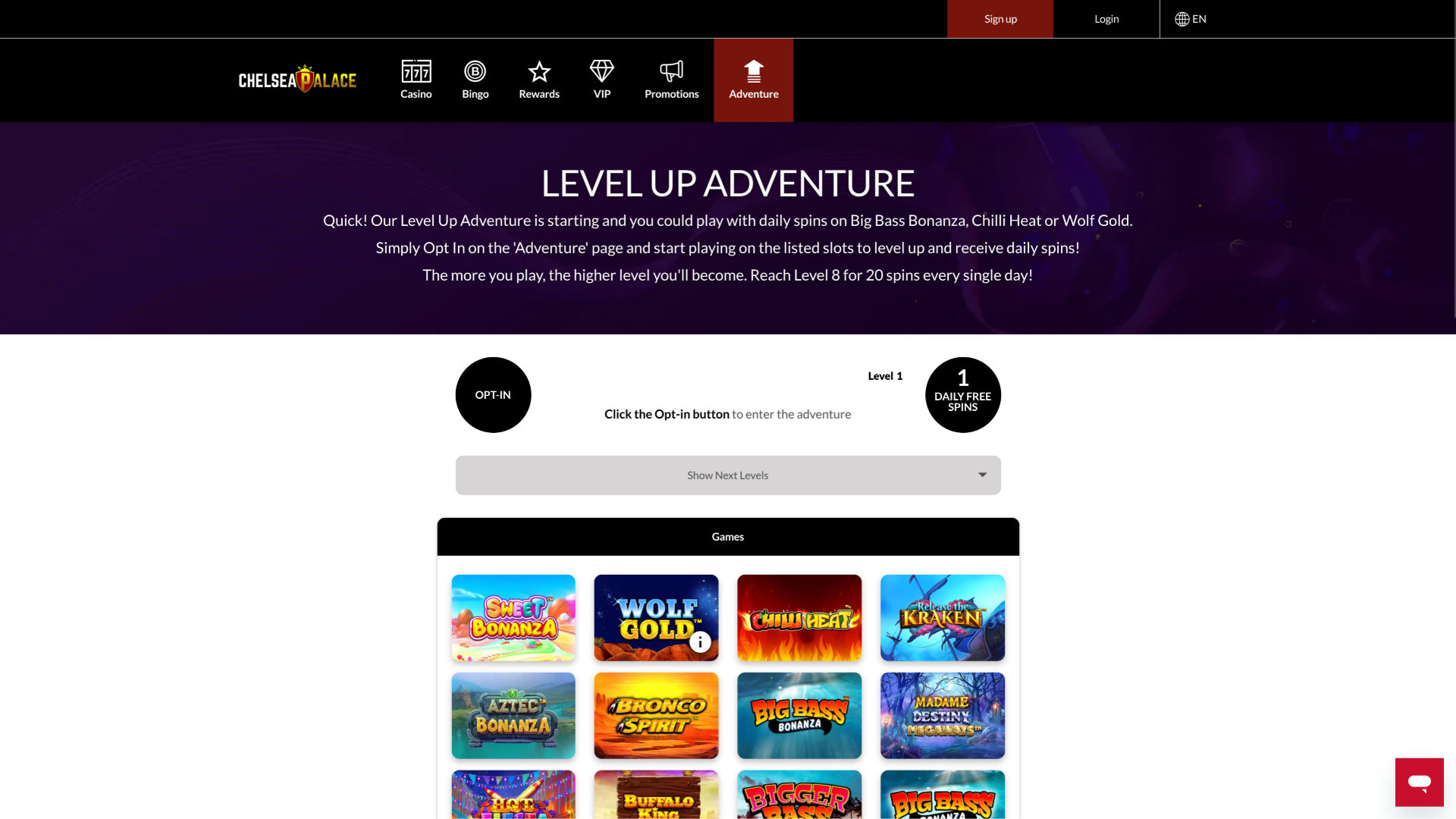 Chelsea Palace Casino Desktop Level Up Adventure