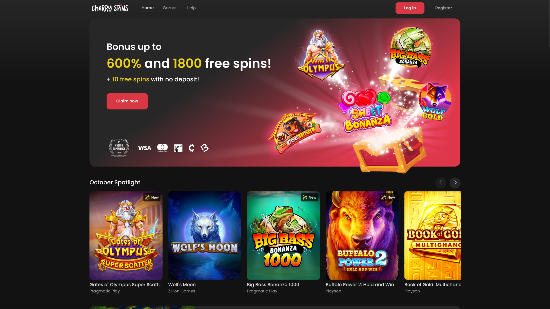 Cherry Spins homepage desktop