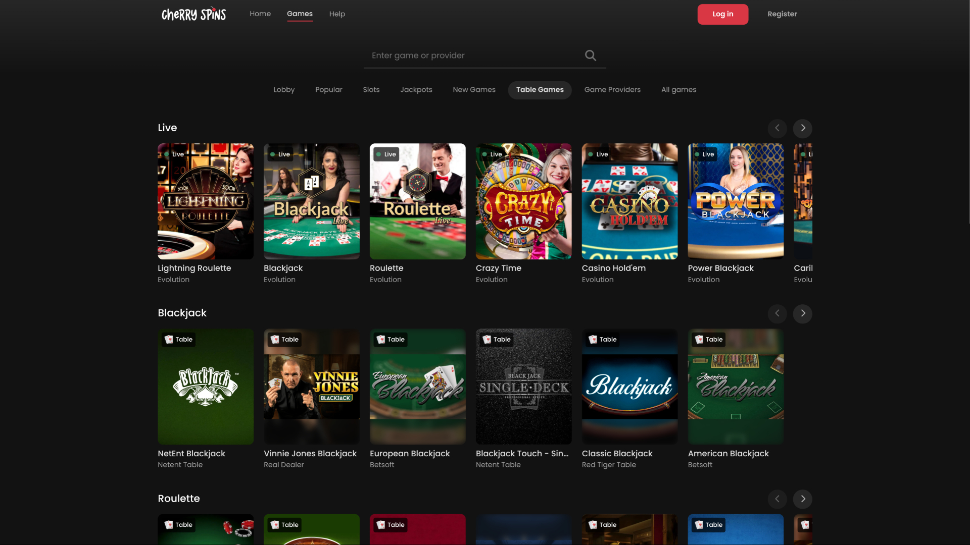 Cherry Spins live dealer desktop