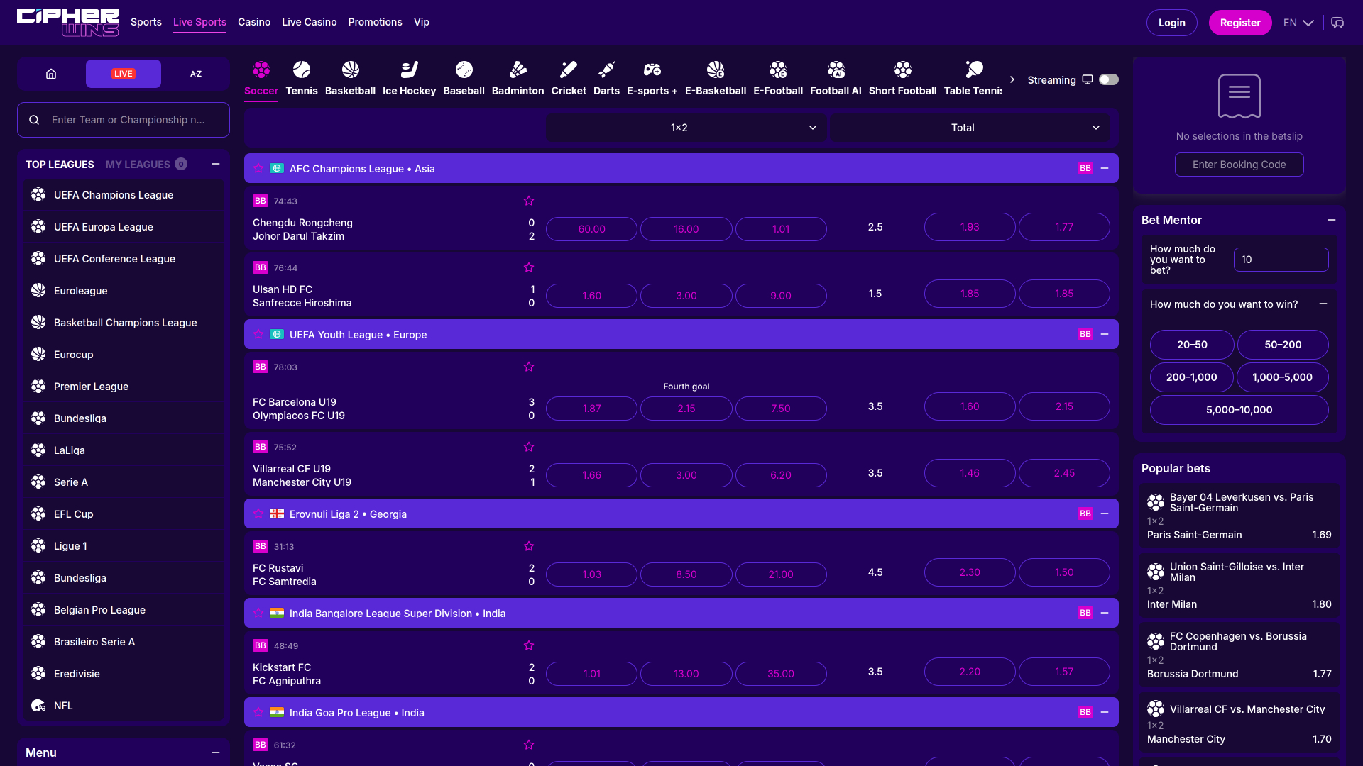 CipherWins Casino Desktop Live Sports