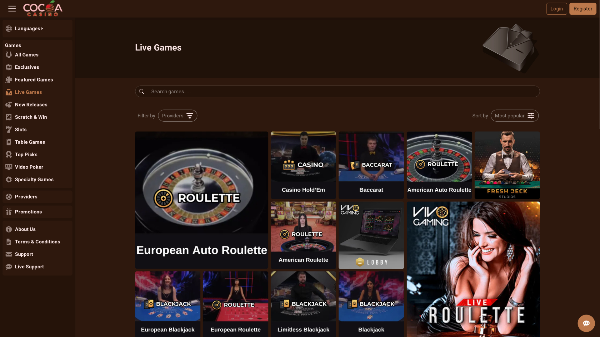 Cocoa Casino Live Dealer Desktop