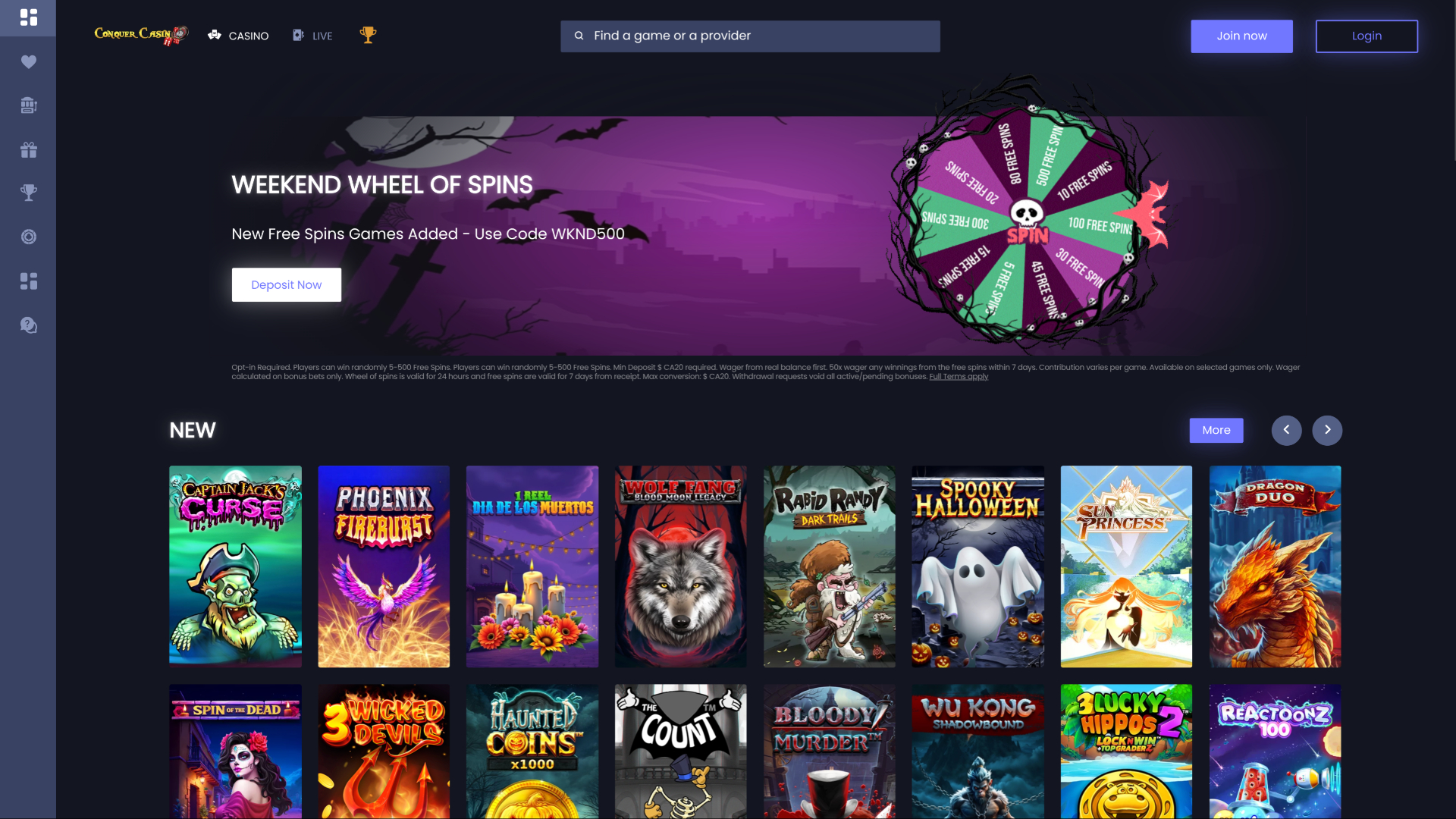 Conquer Casino Desktop Homepage