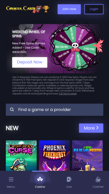 Conquer Casino Mobile Homepage