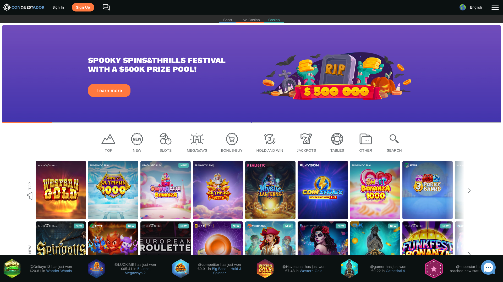 Conquestador Casino Homepage Desktop