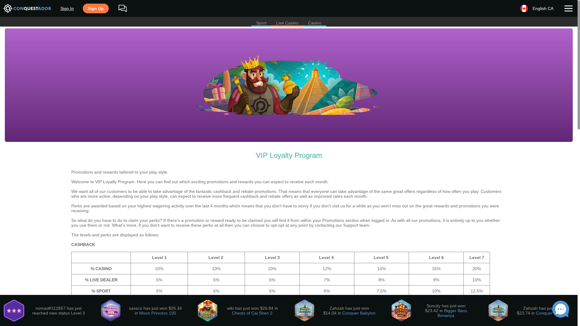 Conquestador Casino Desktop VIP Program