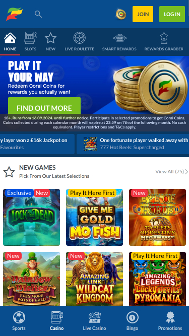 Coral Casino Mobile Homepage