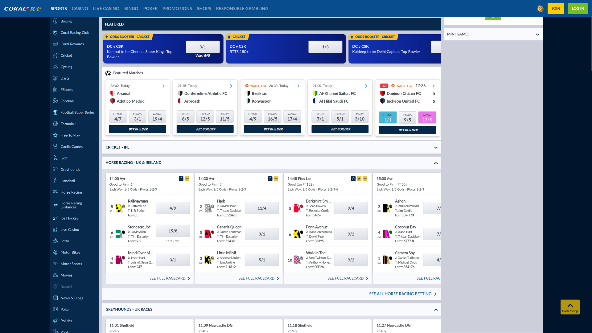 Coral Casino Desktop Live Sports