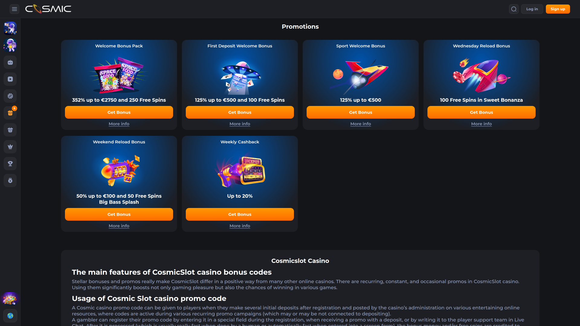 Cosmicslot Casino Promotions Desktop