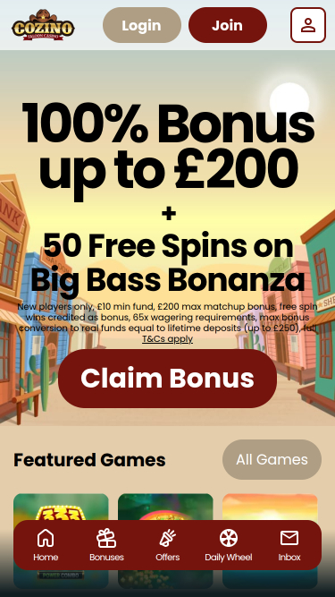 Cozino Casino Mobile Homepage