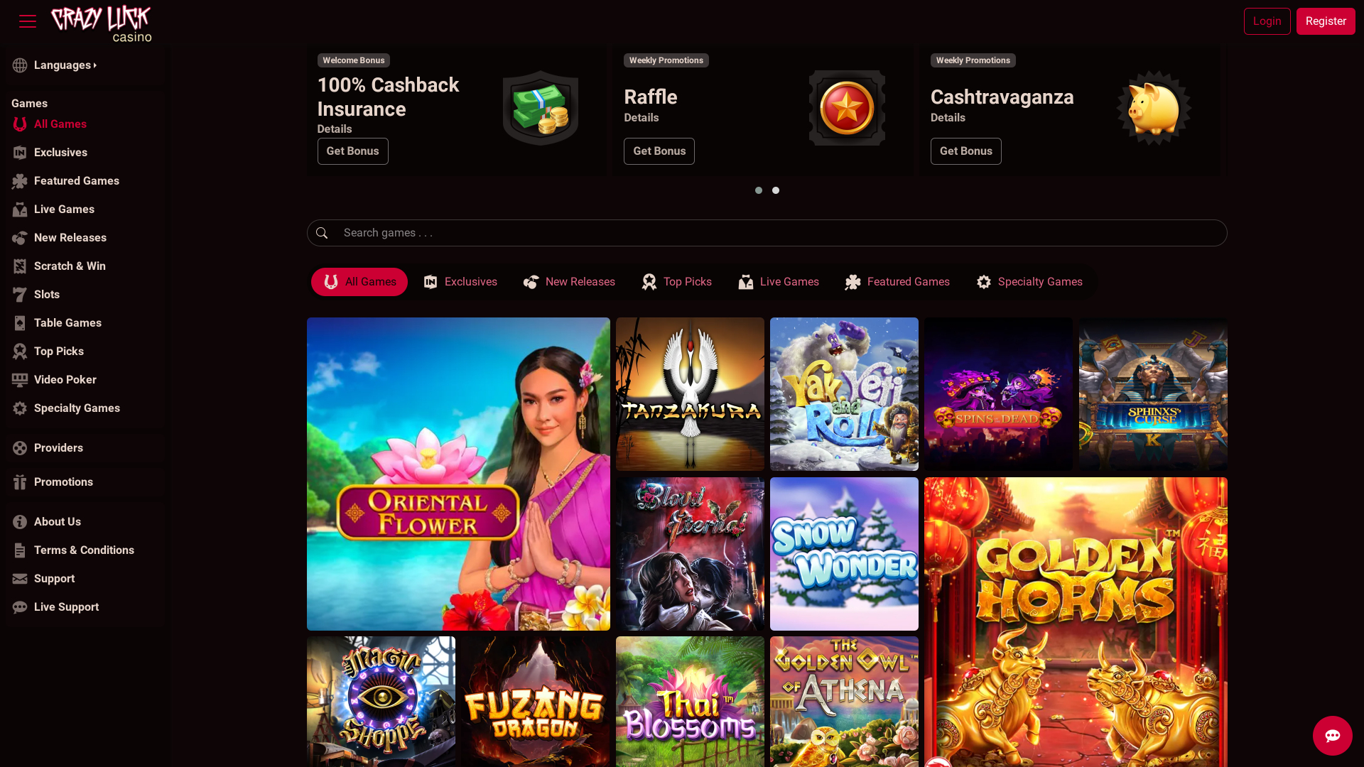 Crazy Luck Casino Homepage Desktop