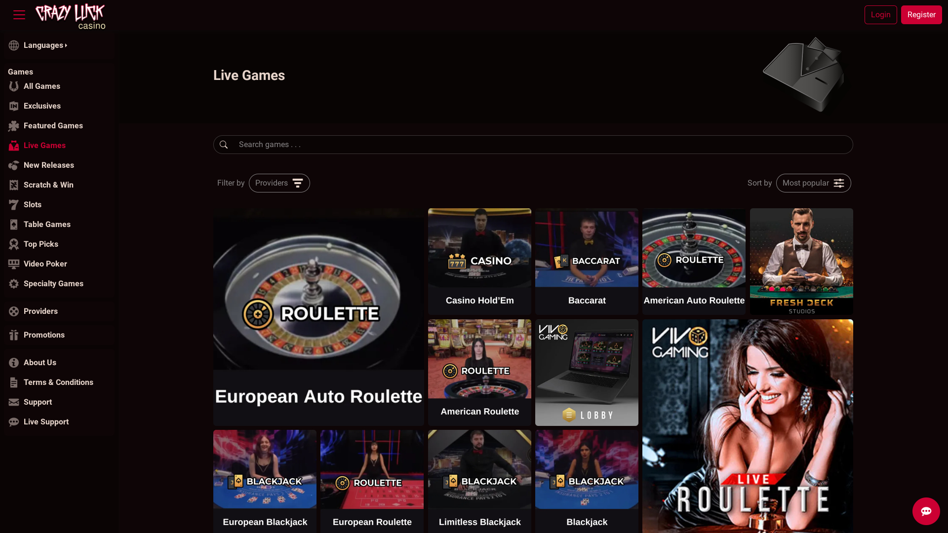 Crazy Luck Casino Live Dealer Desktop