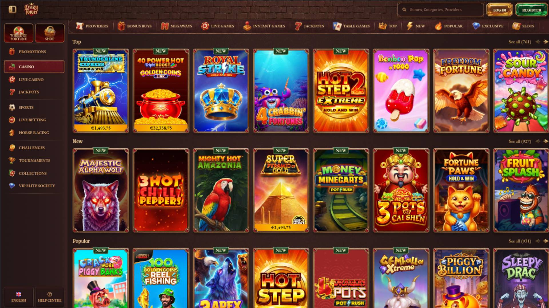 Games page screenshot of Crazy Tower Casino