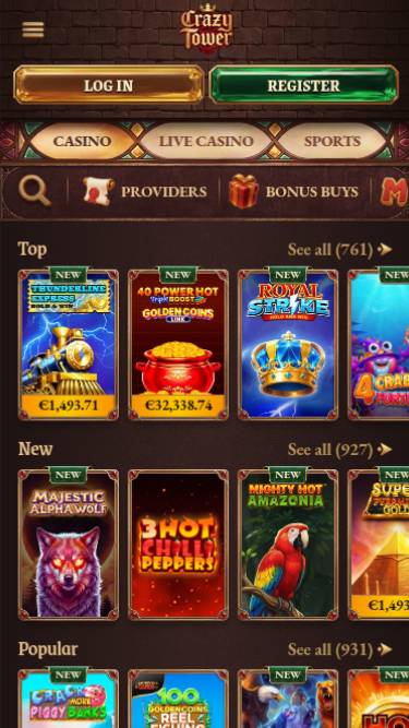 Games mobile page screenshot of Crazy Tower Casino