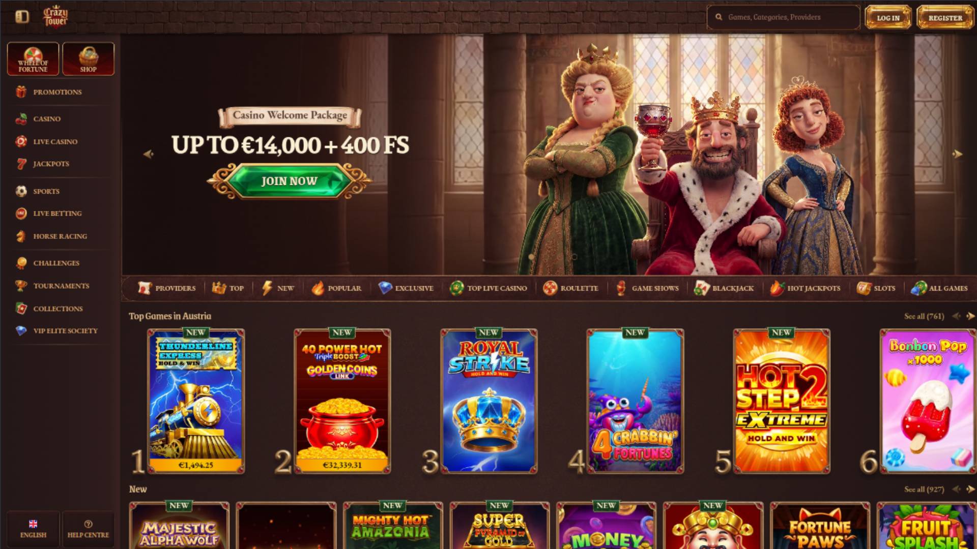 Homepage screenshot of Crazy Tower Casino