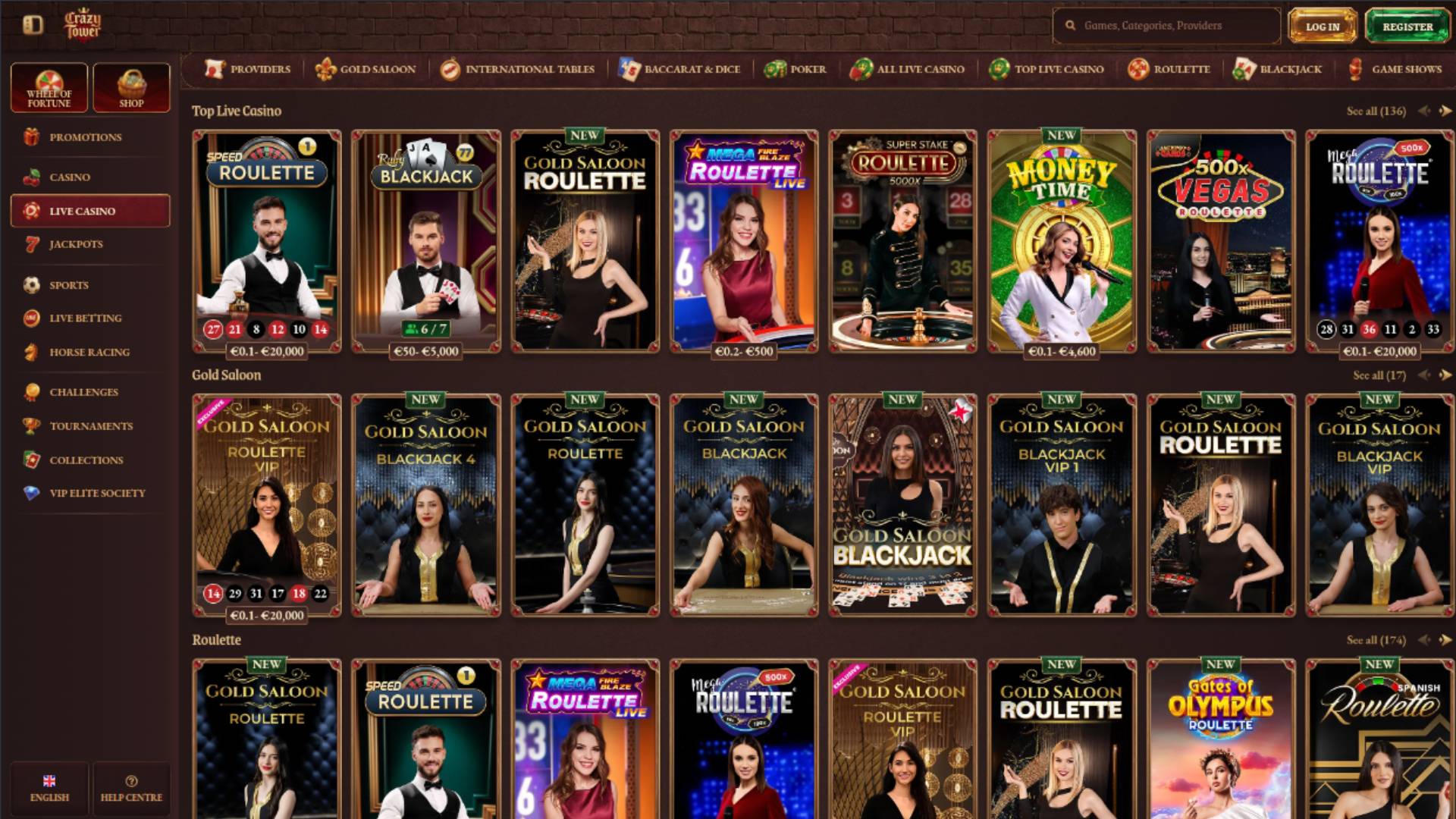 Live page screenshot of Crazy Tower Casino
