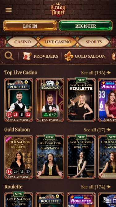 Live mobile page screenshot of Crazy Tower Casino