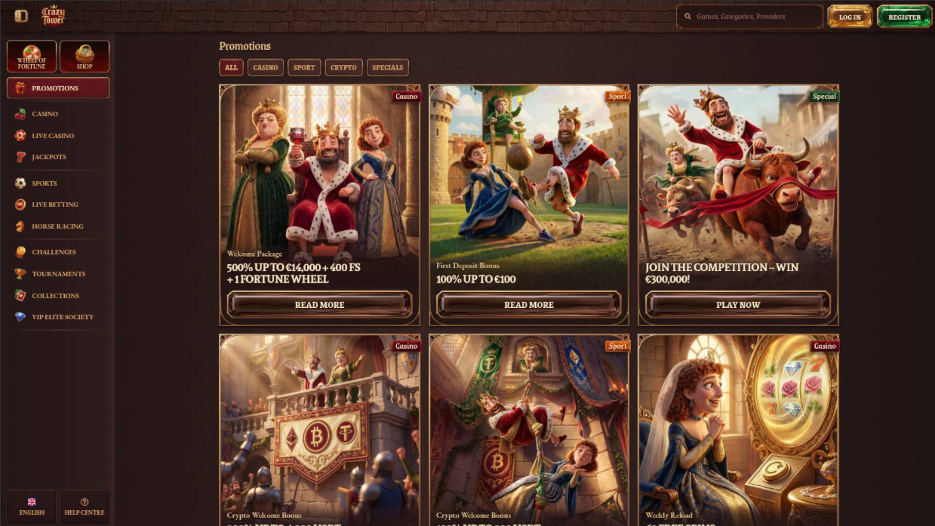 Promotions page screenshot of Crazy Tower Casino