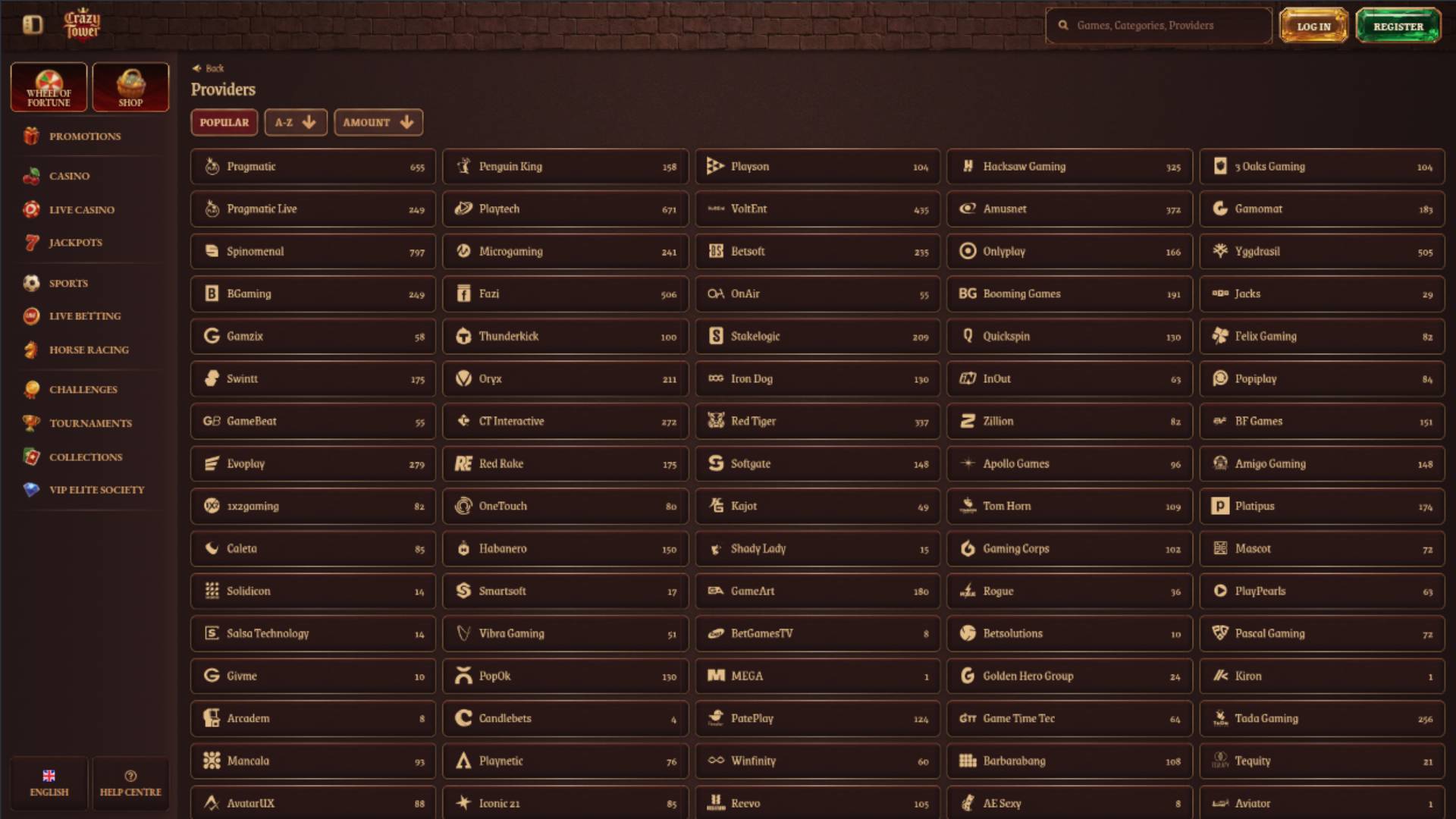 Game Developers page screenshot of Crazy Tower Casino