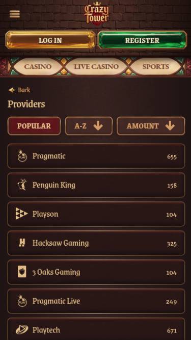 Game Developers mobile page screenshot of Crazy Tower Casino